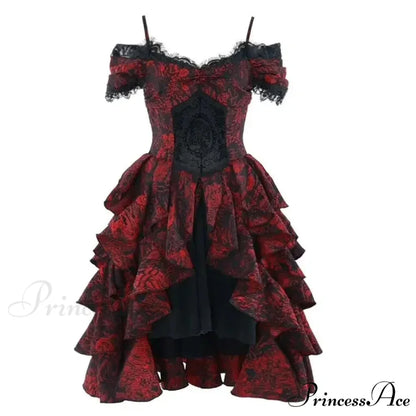 Japanese Gothic Style Red Black Halloween Off-Shoulder Court Wave Autumn Dark High-Waist Lolita Party Dress only dress