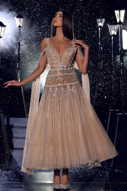 Jasmin Bead-Embellished Graceful Tulle Midi Dress Nude / 2