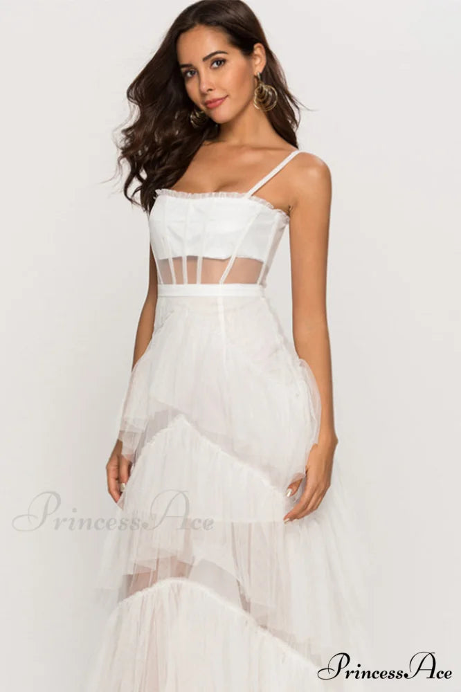 Jasmine Long Spaghetti Charming Strap Mesh Corset Gown