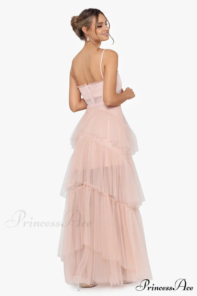 Jasmine Long Spaghetti Charming Strap Mesh Corset Gown