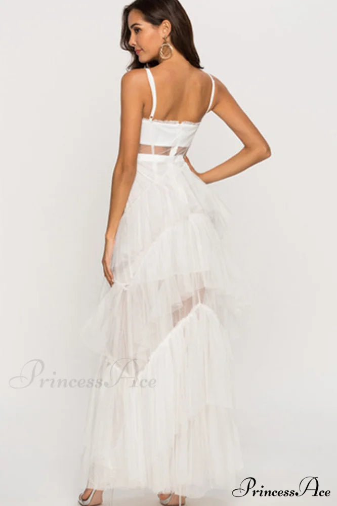 Jasmine Long Spaghetti Charming Strap Mesh Corset Gown