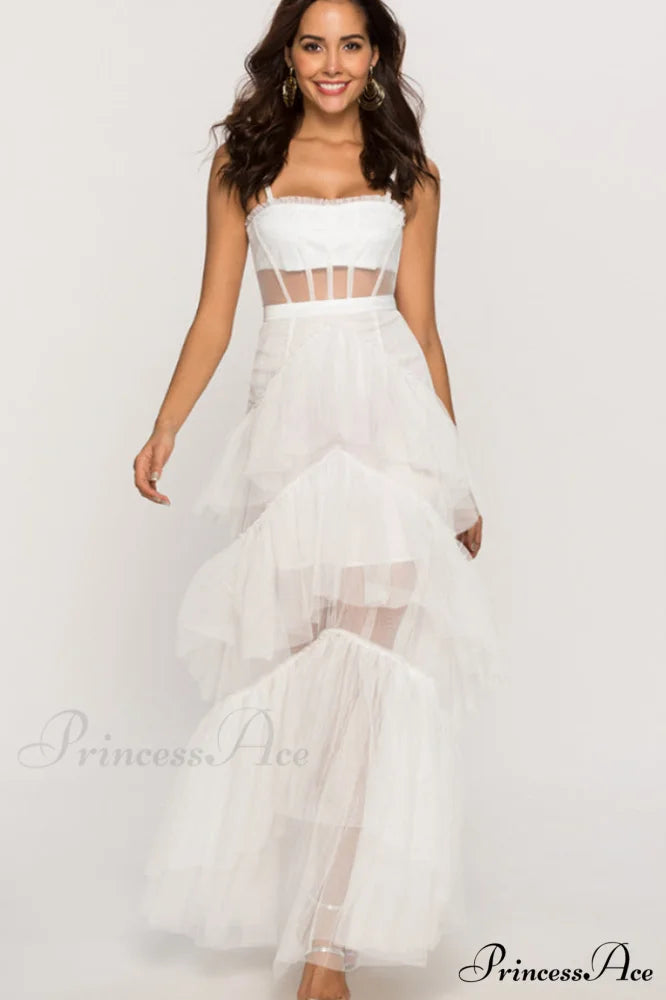 Jasmine Long Spaghetti Charming Strap Mesh Corset Gown