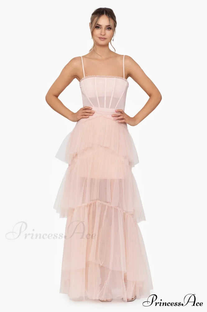 Jasmine Long Spaghetti Charming Strap Mesh Corset Gown XS / Blush