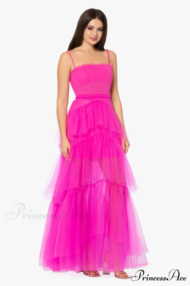 Jasmine Long Spaghetti Charming Strap Mesh Corset Gown XS / Hot Pink