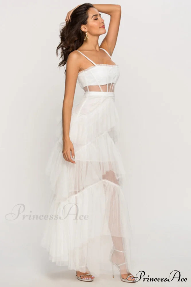 Jasmine Long Spaghetti Charming Strap Mesh Corset Gown XS / White