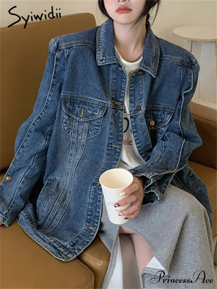 Jeans Jacket Vintage Korean Coat Women’s Fashion Casual Oversized 2024 Down Neckline Long Turn Chic Arm Style