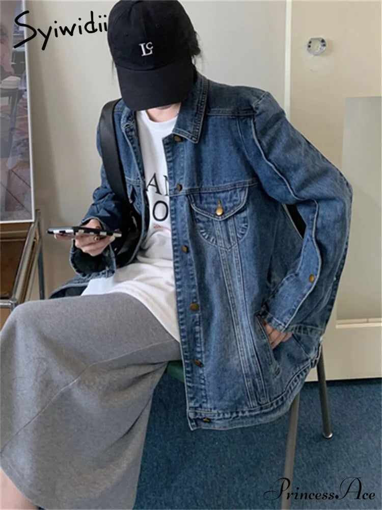Jeans Jacket Vintage Korean Coat Women’s Fashion Casual Oversized 2024 Down Neckline Long Turn Chic Arm Style