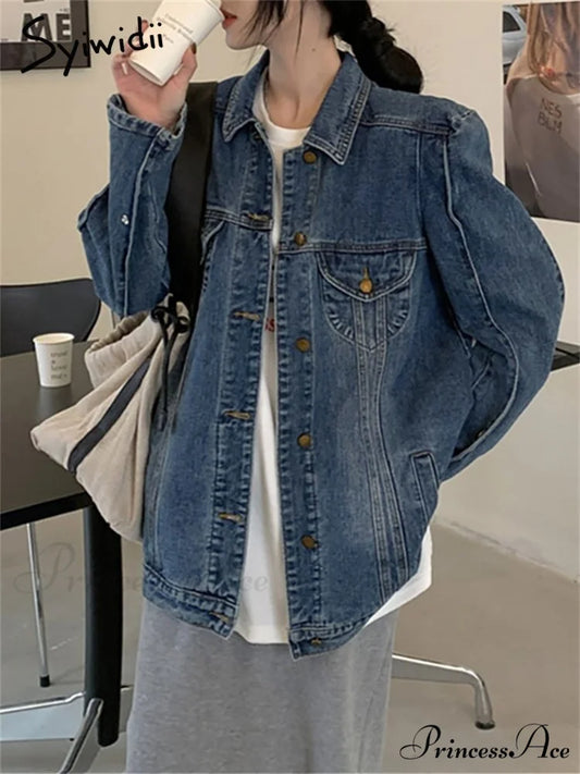 Jeans Jacket Vintage Korean Coat Women’s Fashion Casual Oversized 2024 Down Neckline Long Turn Chic Arm Style