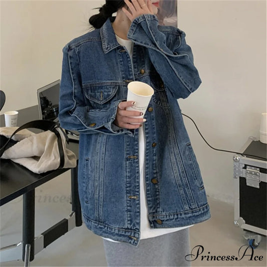 Jeans Jacket Vintage Korean Coat Women’s Fashion Casual Oversized 2024 Down Neckline Long Turn Chic Arm Style Blue / S