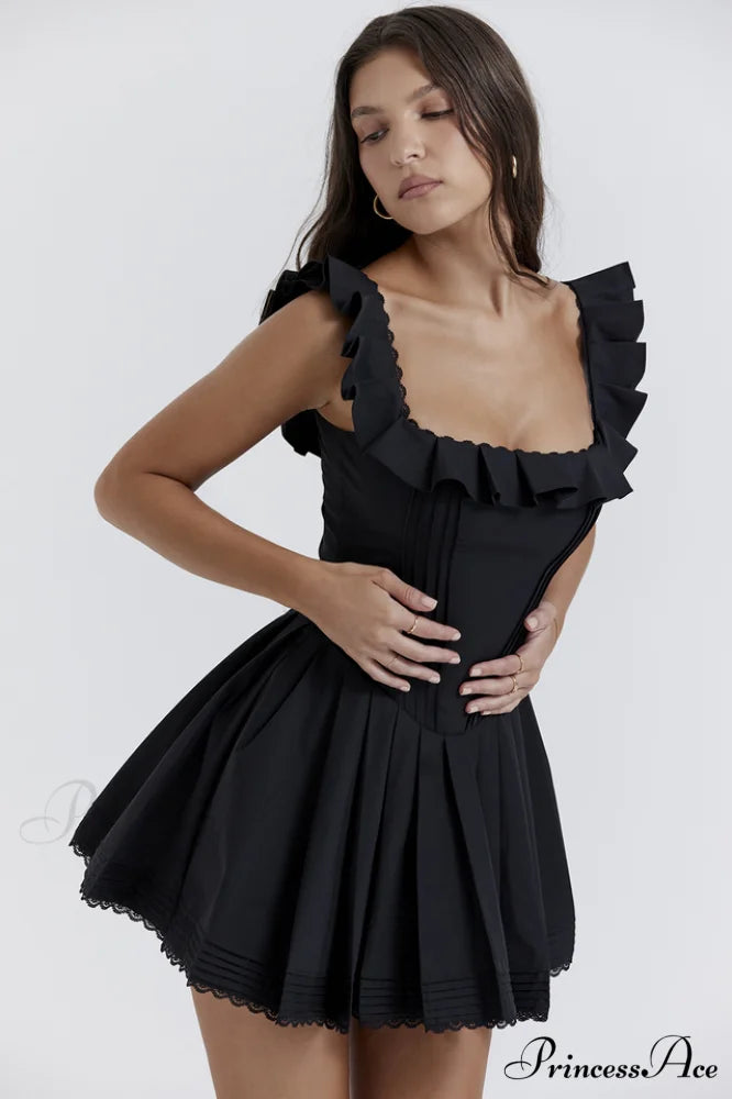 Jemima Black Pin Charming Tuck Pleated Dress