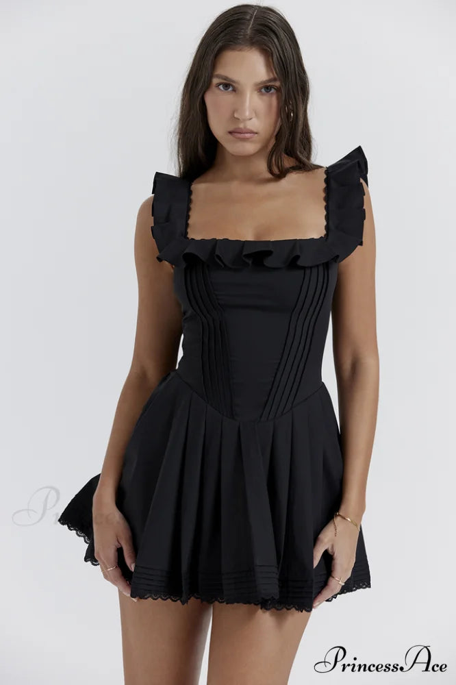 Jemima Black Pin Charming Tuck Pleated Dress XS / Black