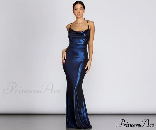 Jenna Metallic Stylish Goddess Maxi Dress BLUE / S
