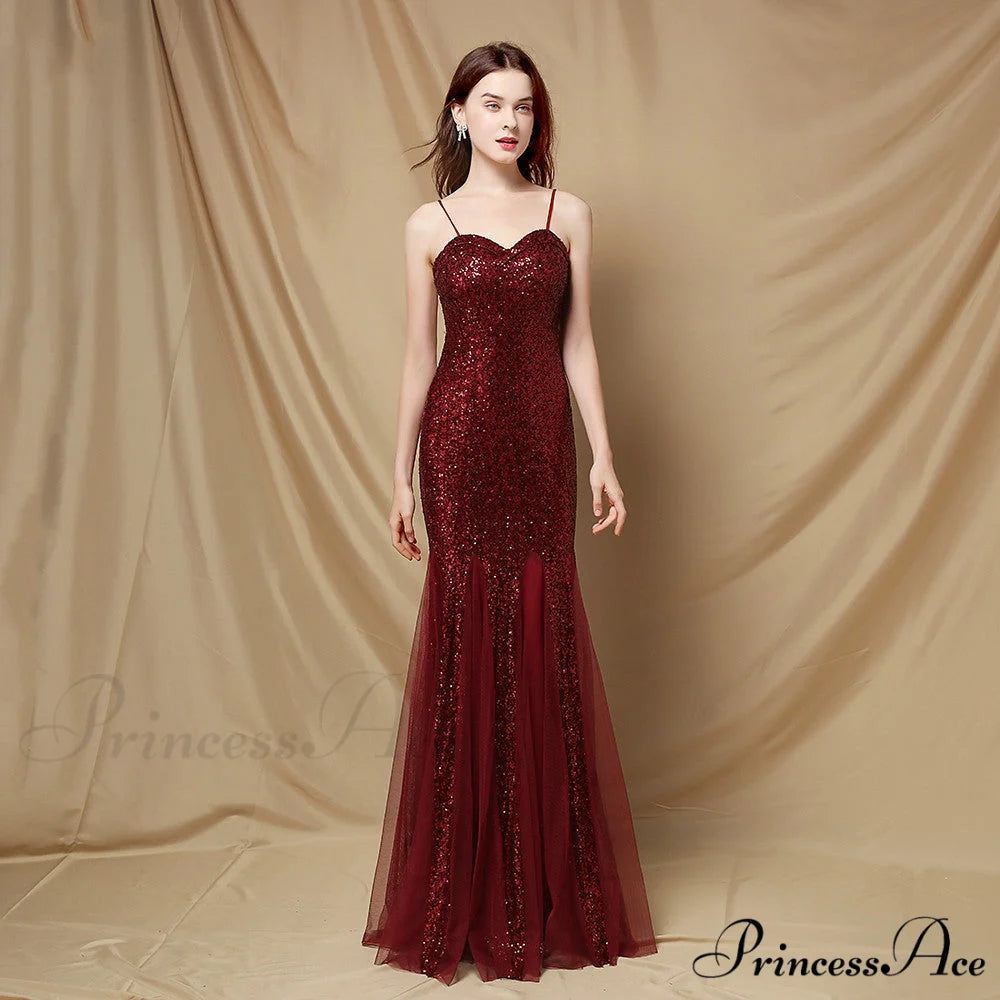 Jerry sling-mesh Stylish fishtail dress BURGUNDY / XS