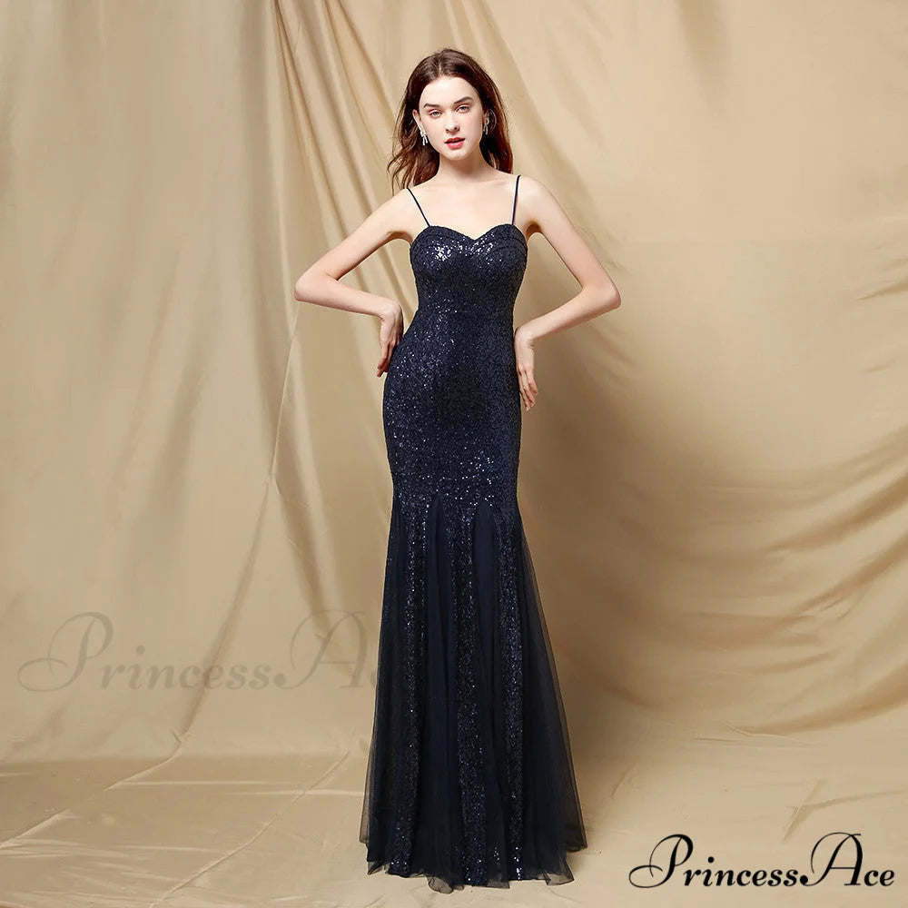 Jerry sling-mesh Stylish fishtail dress NAVY / XS