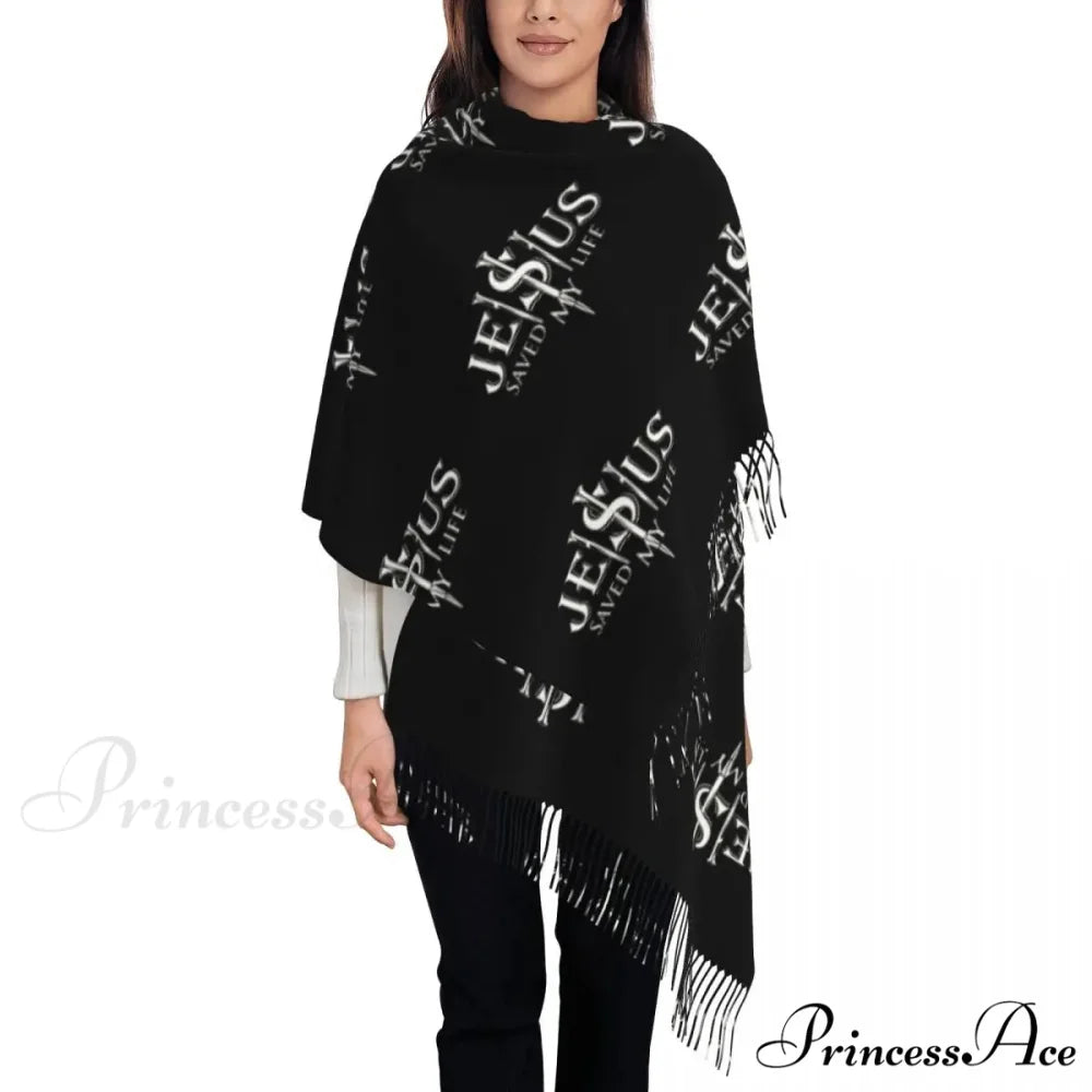 Jesus Saved My Life Warm Winter Christian Faith Shawl Wrap Scarf BLACK 17 / 72x197cm