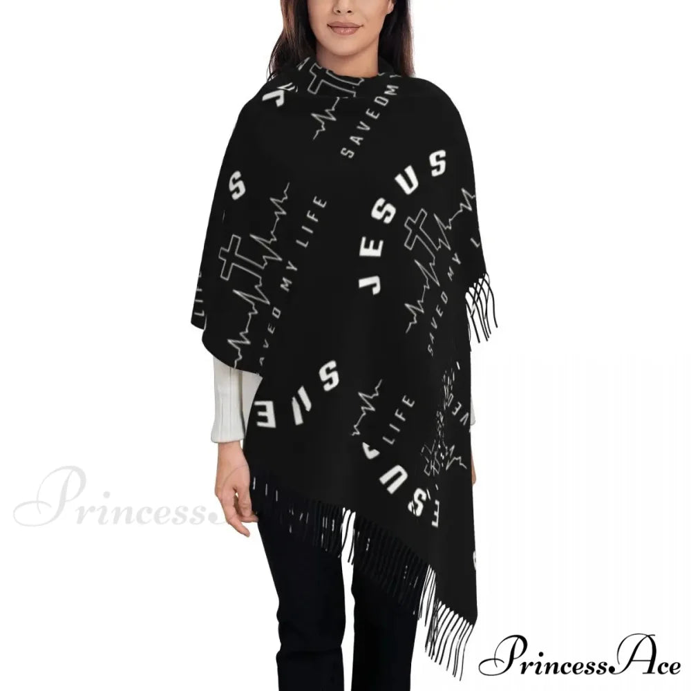 Jesus Saved My Life Warm Winter Christian Faith Shawl Wrap Scarf BLACK 3 / 72x197cm