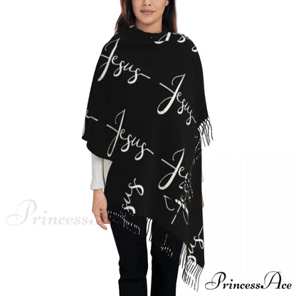 Jesus Saved My Life Warm Winter Christian Faith Shawl Wrap Scarf BLACK 4 / 72x197cm