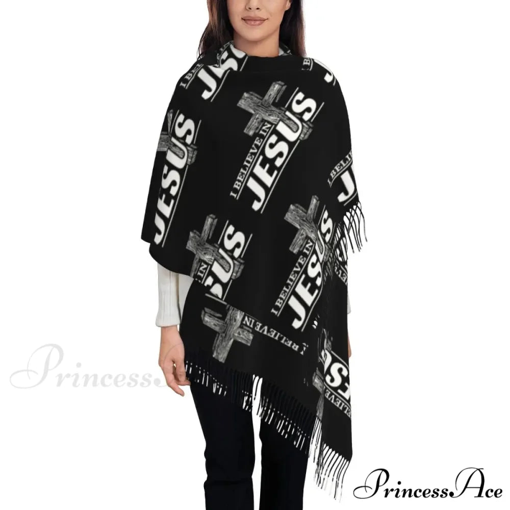 Jesus Saved My Life Warm Winter Christian Faith Shawl Wrap Scarf BLACK 5 / 72x197cm