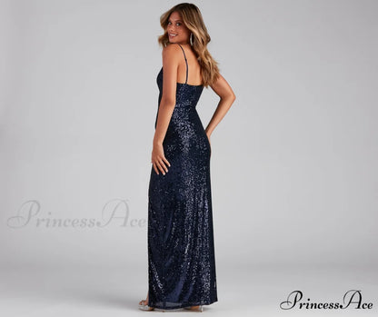 Jewel Formal High Charming Slit Sequin Dress
