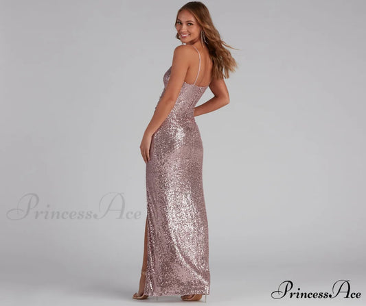 Jewel Formal High Charming Slit Sequin Dress