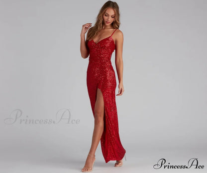 Jewel Formal High Charming Slit Sequin Dress RED / XS