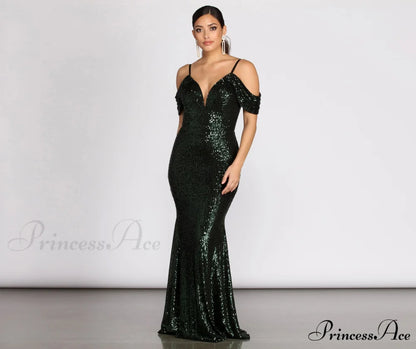 Jillian Deep Stylish V Sequin Dress HUNTER / S