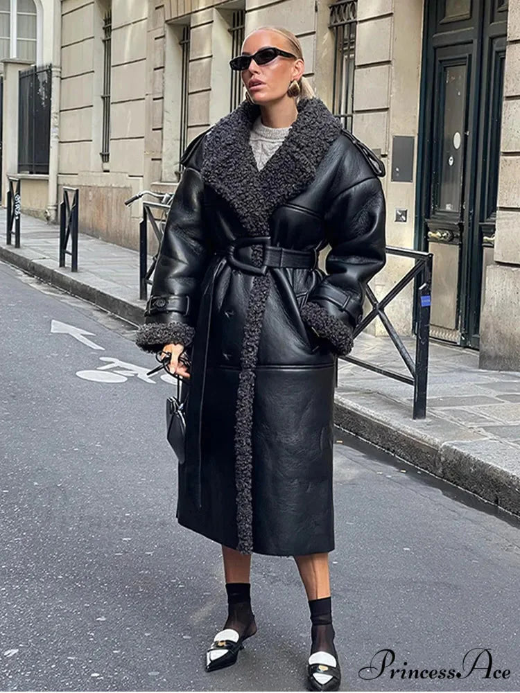 Joining Thickened Cozy Leather Jacket black Long / S coats-241228