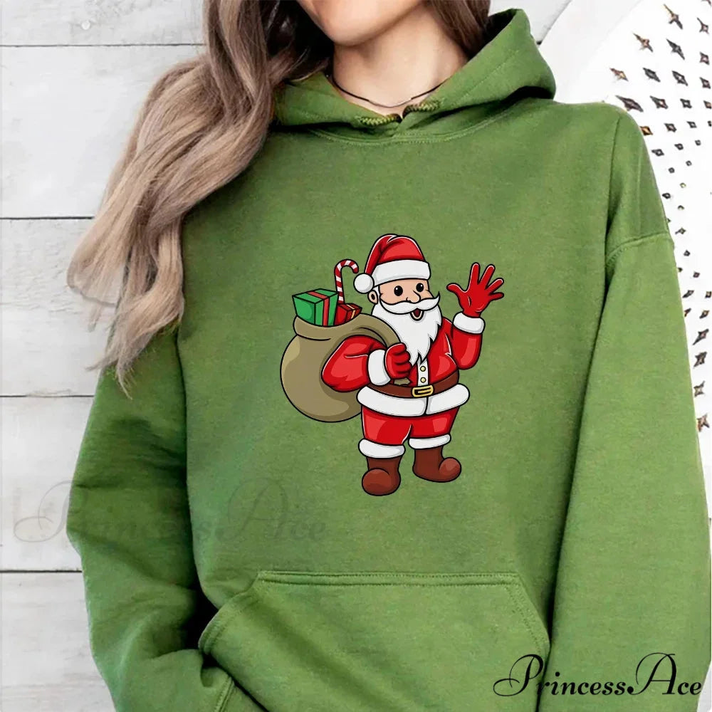 Jolly Santa Claus Cartoon Print Long Sleeve Chic Christmas Hoodie army green / S Christmas Hoodies-L