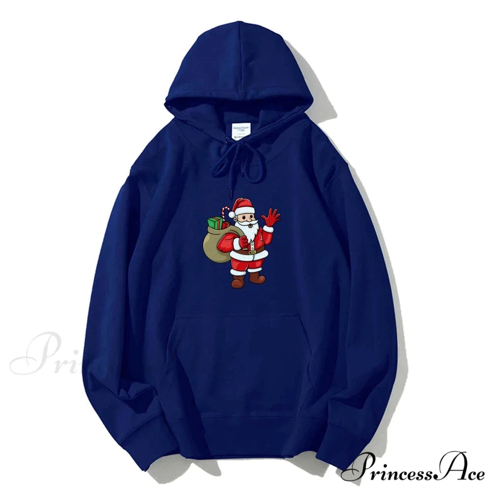 Jolly Santa Claus Cartoon Print Long Sleeve Chic Christmas Hoodie Blue / S Christmas Hoodies-L