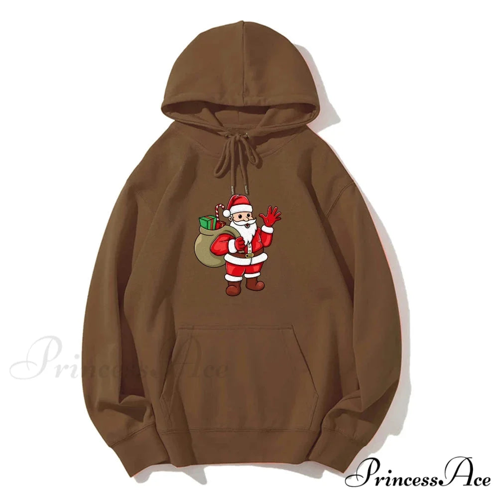 Jolly Santa Claus Cartoon Print Long Sleeve Chic Christmas Hoodie Coffee / S Christmas Hoodies-L