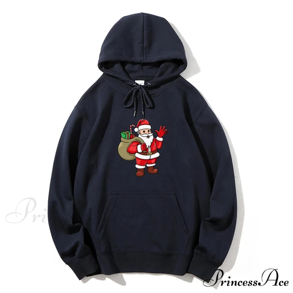 Jolly Santa Claus Cartoon Print Long Sleeve Chic Christmas Hoodie DEEP BLUE / S Christmas Hoodies-L
