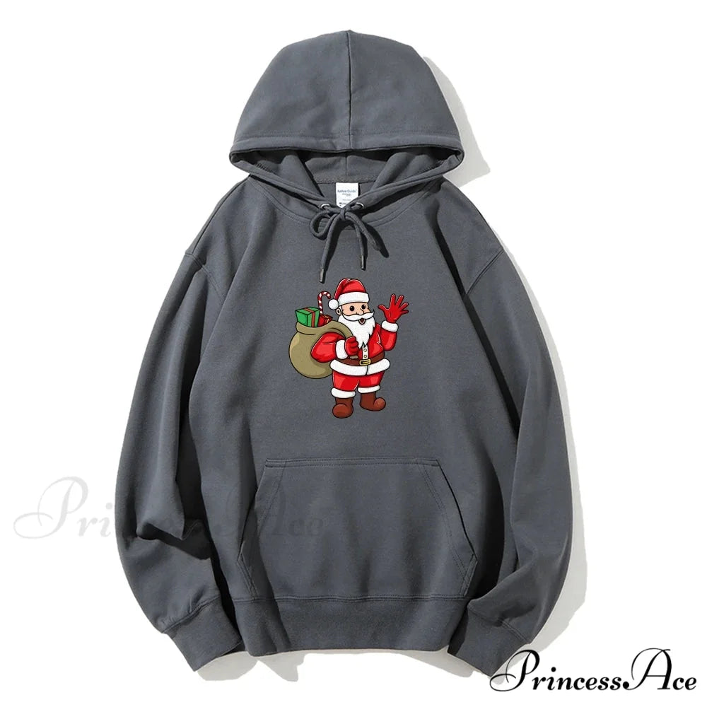 Jolly Santa Claus Cartoon Print Long Sleeve Chic Christmas Hoodie GRAY / S Christmas Hoodies-L