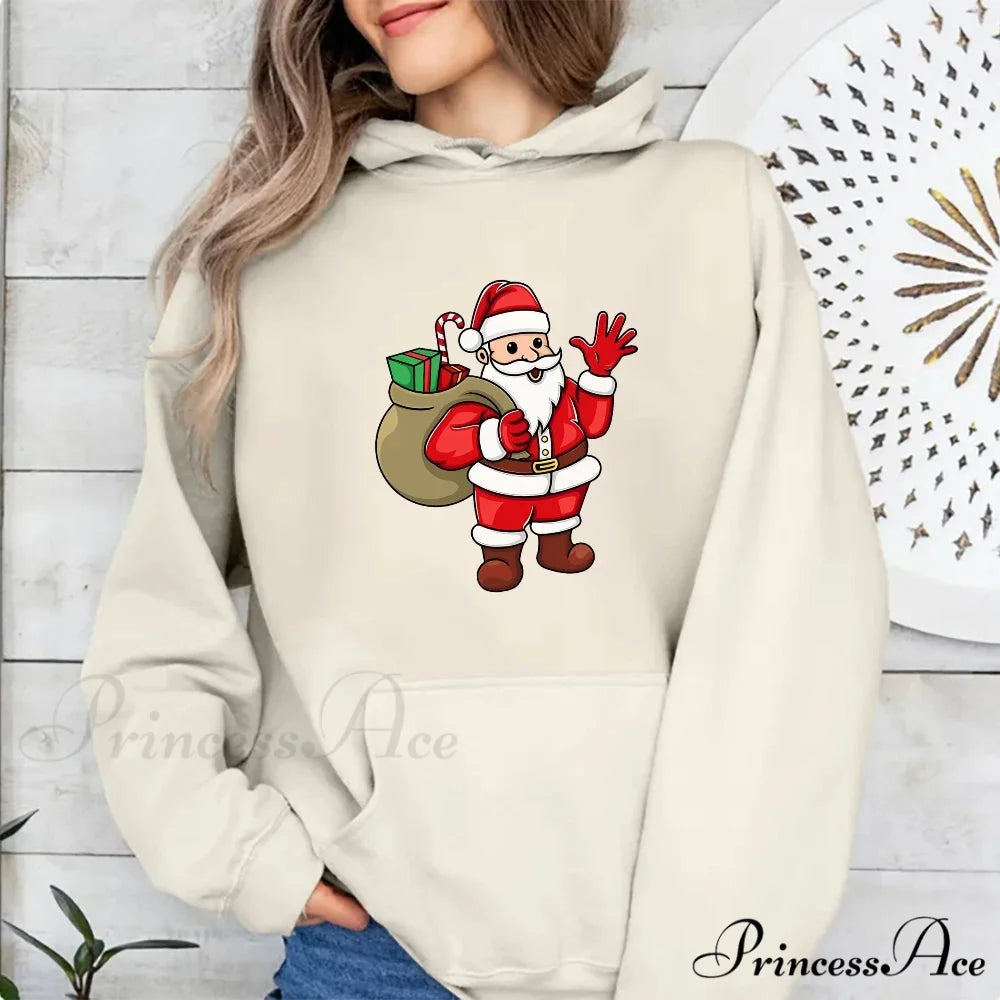 Jolly Santa Claus Cartoon Print Long Sleeve Chic Christmas Hoodie Khaki / S Christmas Hoodies-L