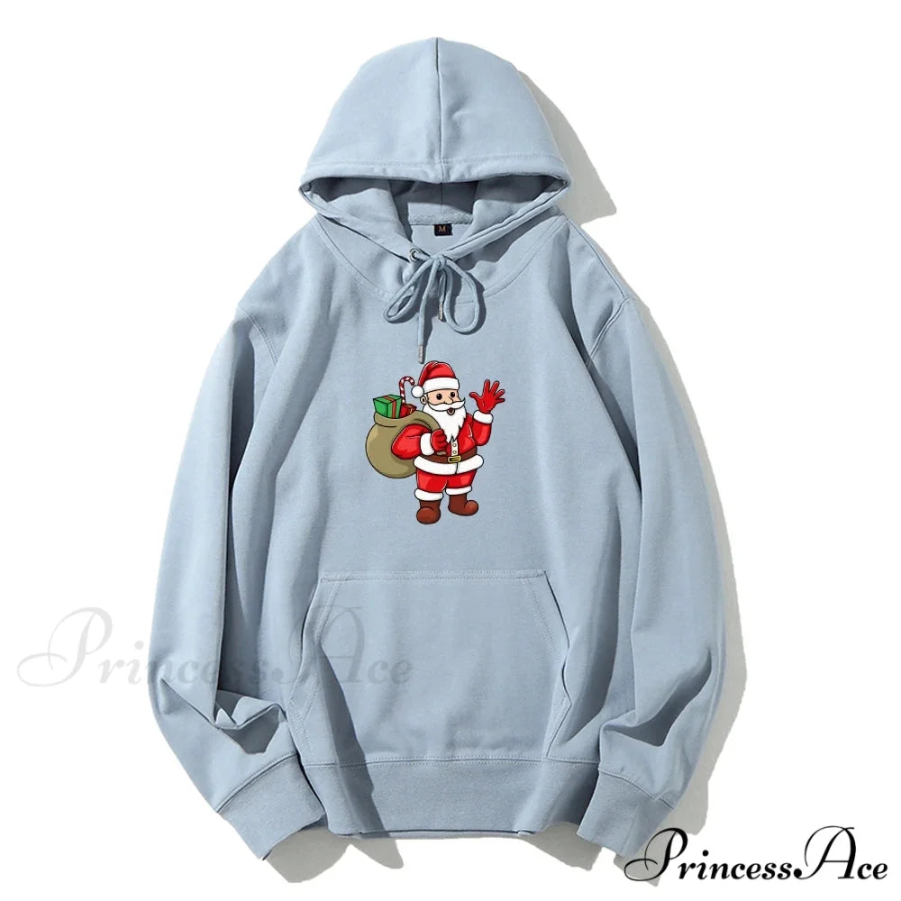 Jolly Santa Claus Cartoon Print Long Sleeve Chic Christmas Hoodie Light Blue / S Christmas Hoodies-L