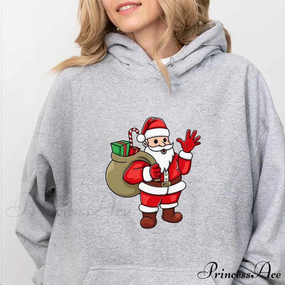 Jolly Santa Claus Cartoon Print Long Sleeve Chic Christmas Hoodie Light Grey / S Christmas Hoodies-L