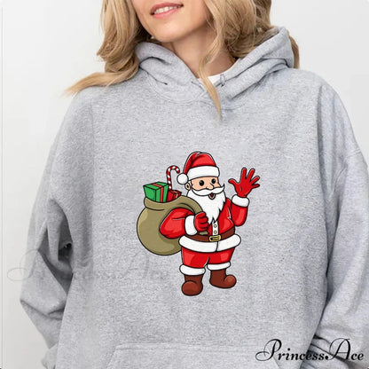 Jolly Santa Claus Cartoon Print Long Sleeve Chic Christmas Hoodie Light Grey / S Christmas Hoodies-L