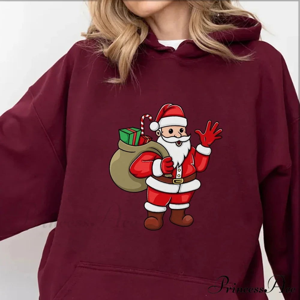 Jolly Santa Claus Cartoon Print Long Sleeve Chic Christmas Hoodie Maroon / S Christmas Hoodies-L