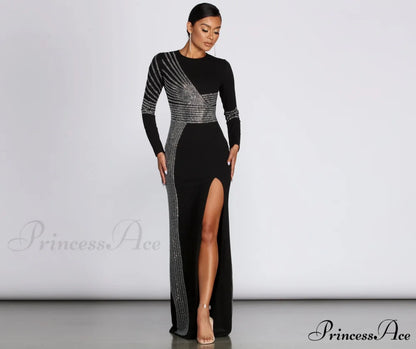 Julie Heat Stone Charming High Slit Formal Dress BLACK / S