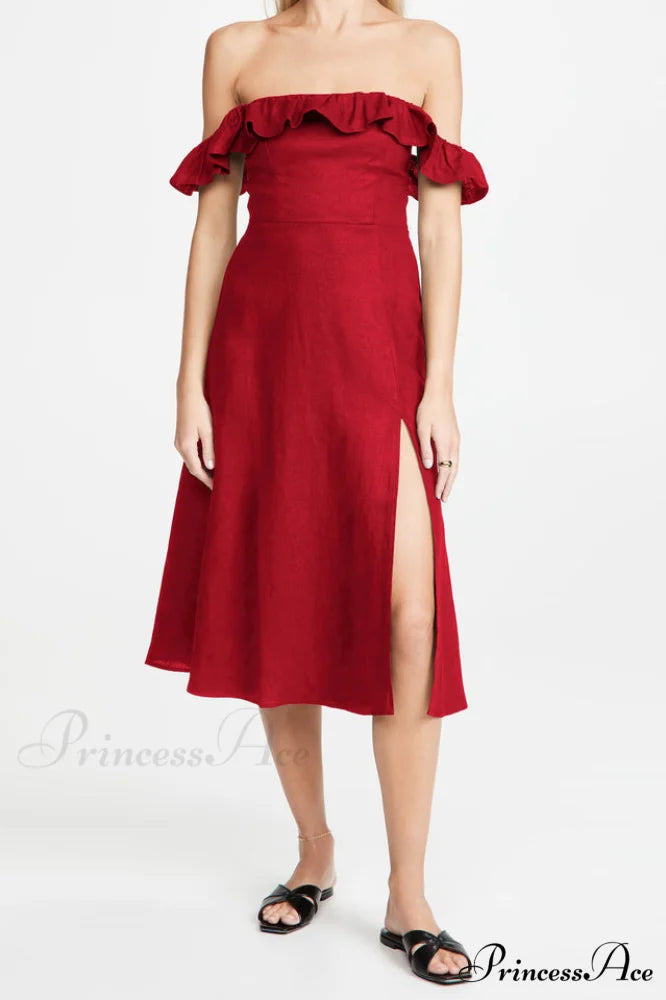 Kacie Ruffles Stylish Midi Dress L / Red