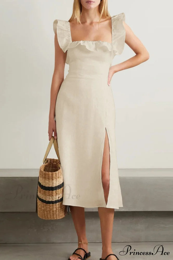 Kacie Ruffles Stylish Midi Dress S / Ivory