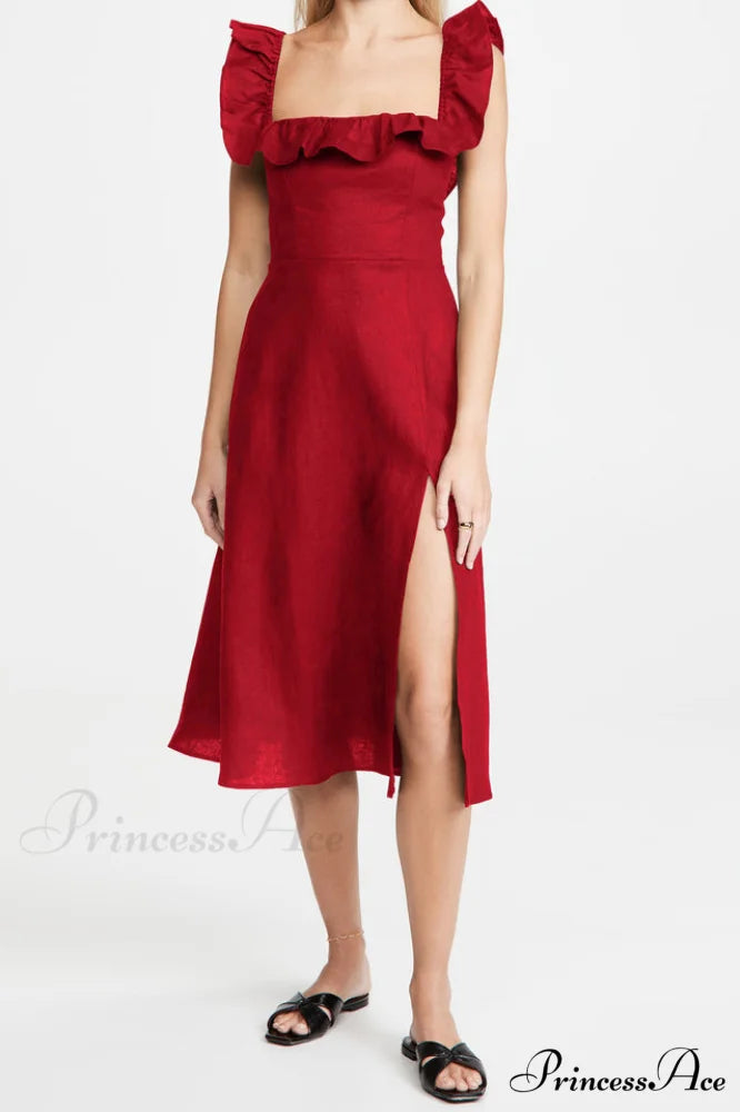 Kacie Ruffles Stylish Midi Dress S / Red