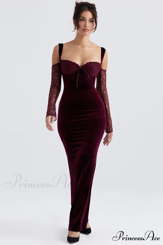 Kaia Evening Stylish Velvet Maxi Dress XS / Burgundy