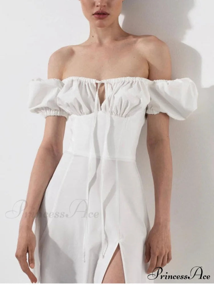 KATIE OFF Stylish SHOULDER MIDI DRESS White / M