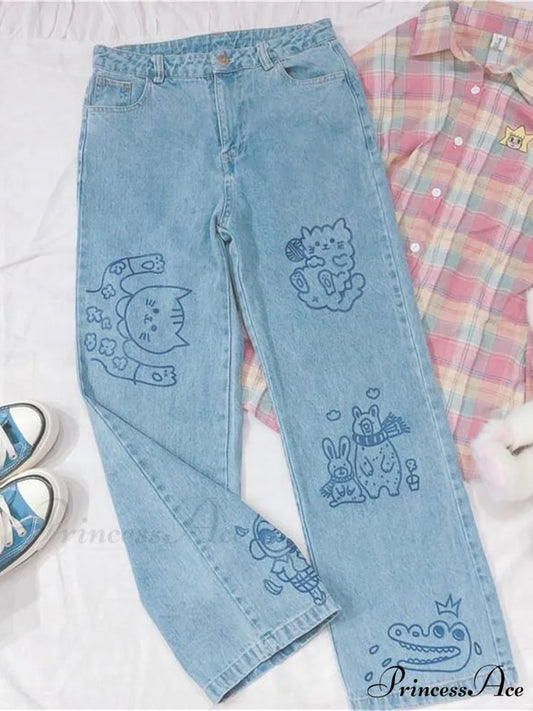 Kawaii Cute Cat Print Jeans