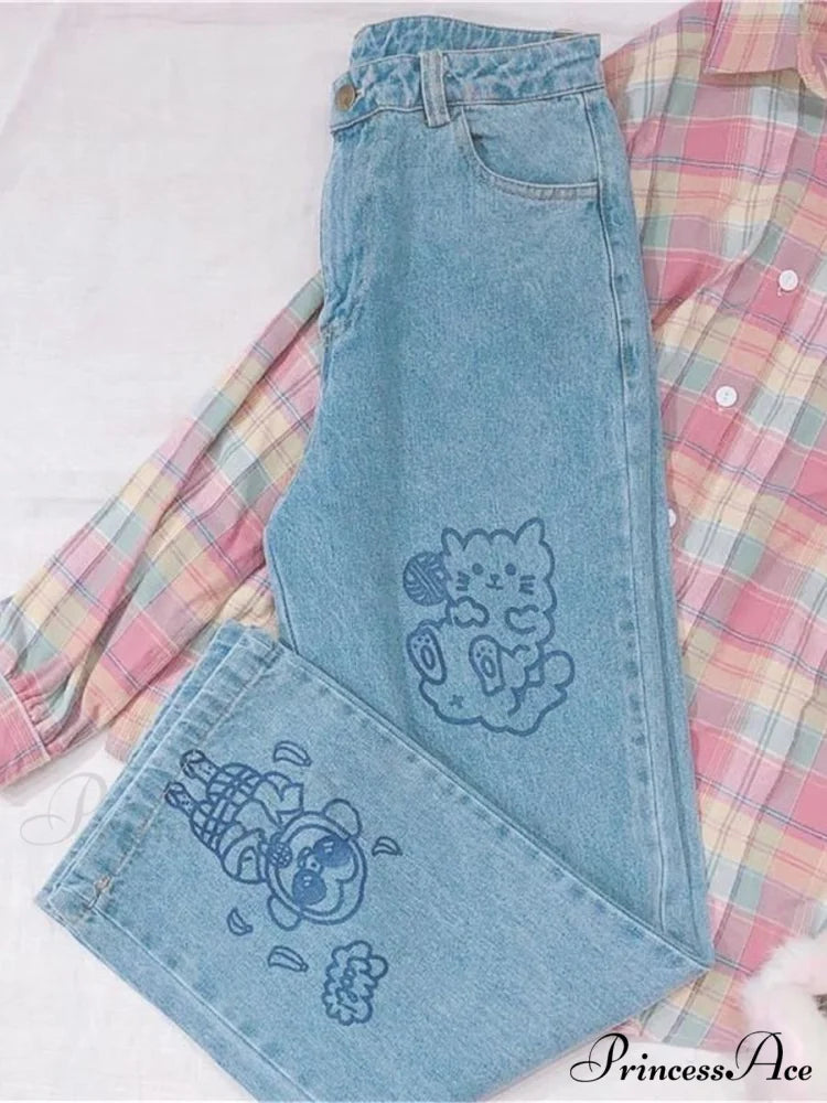 Kawaii Cute Cat Print Jeans