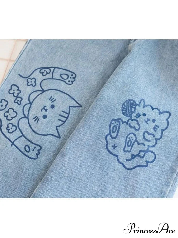 Kawaii Cute Cat Print Jeans