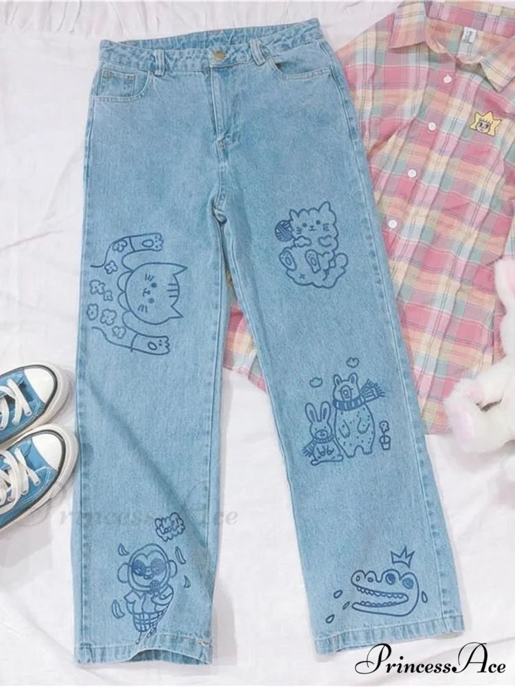 Kawaii Cute Cat Print Jeans