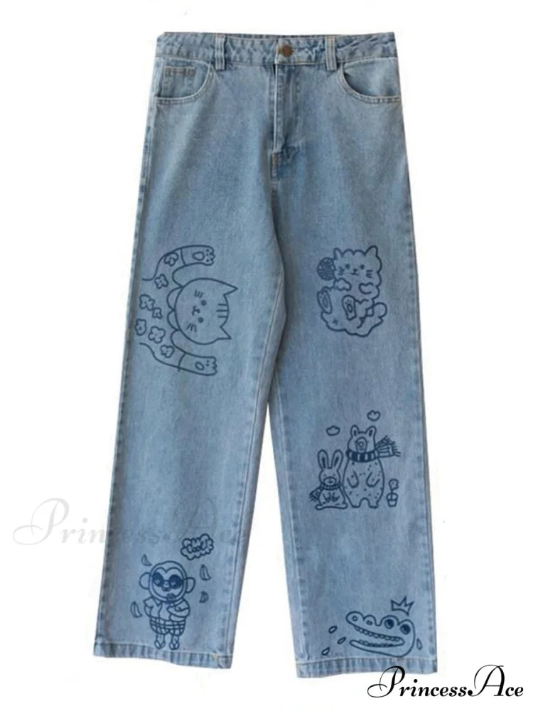 Kawaii Cute Cat Print Jeans Blue / S