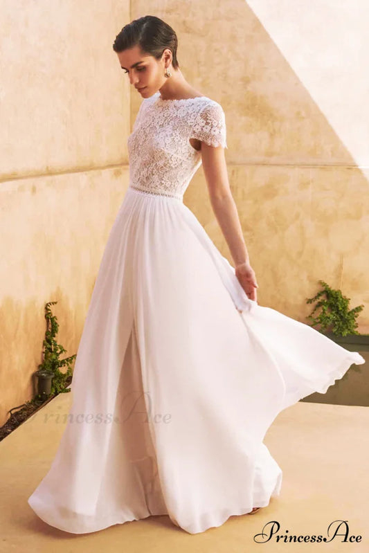 Kelsey Lace Graceful Chiffon Wedding Dress White / 2