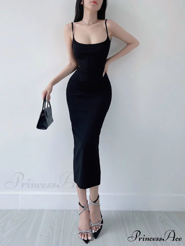 Khaki Midi Bodycon Dress with Spaghetti Straps and Ruched Detail L / Black